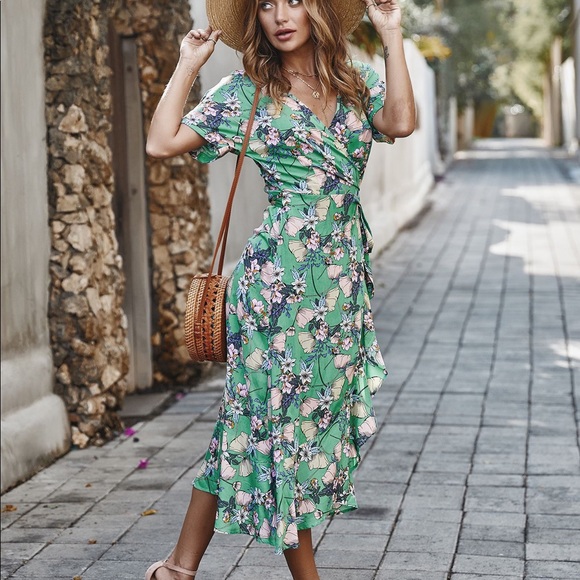 B2G1♦️🆕Floral V Neck Side Tie Ruffled Dress Jade - Picture 5 of 8